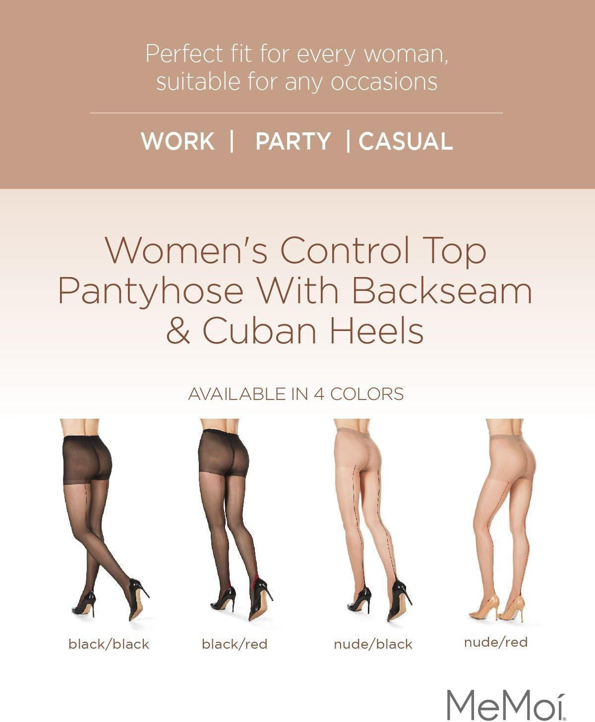 Women and Adolescent Girls Take Charge Size Large (Height 5'6"–6'0"; Weight 160-190lbs) control top hosiery with red back seam and Cuban heels. Color: Nude/Red.