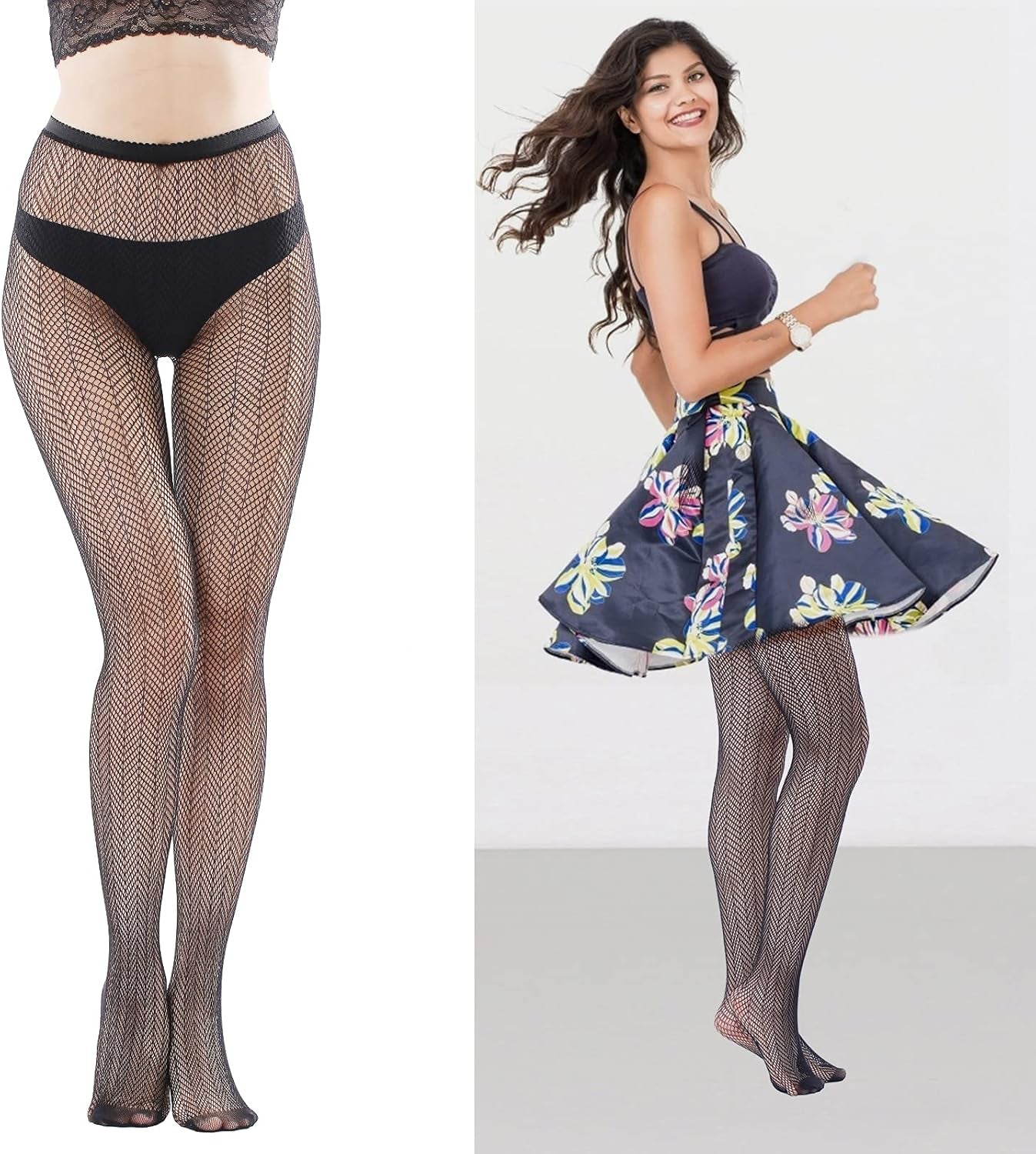 Women and Teen Girls Fishnet Lace Mesh Patterned Stockings. Color: Black, (5 Pairs), Size: One Size