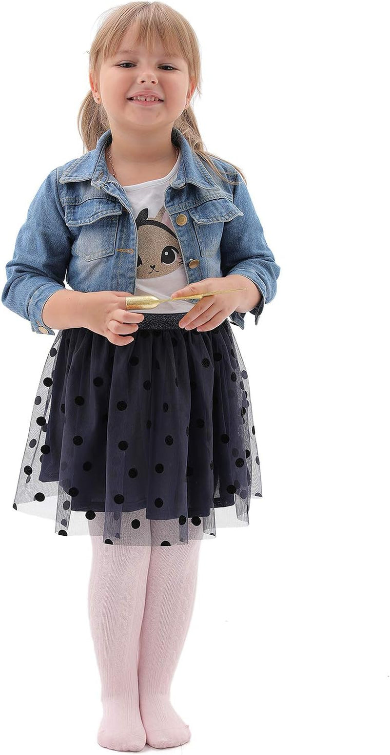 Three pairs of thick cable knit cotton tights for girls, in pink, purple, and dark brown, for ages four to six.
