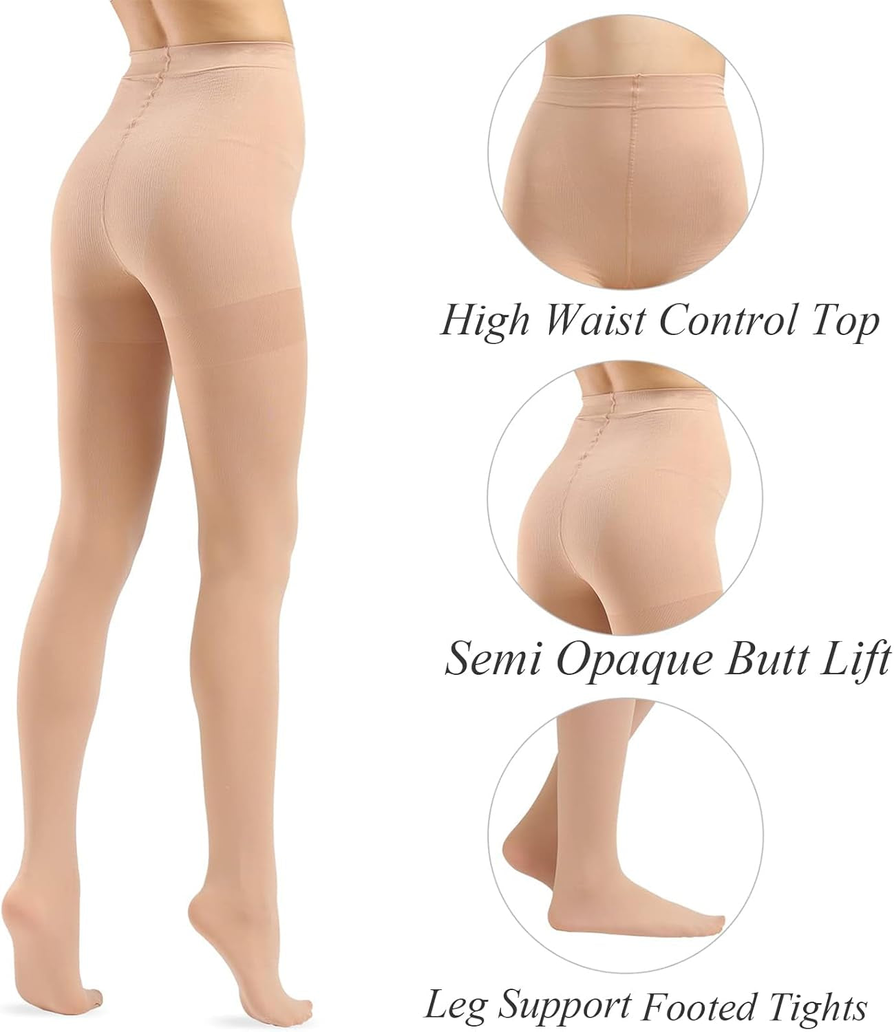 Women and Teen Girls Thick Sheer Pantyhose Control Top, Size: Large (Height 5'2"-6'0"; Weight 185-215lbs), Color: Nude