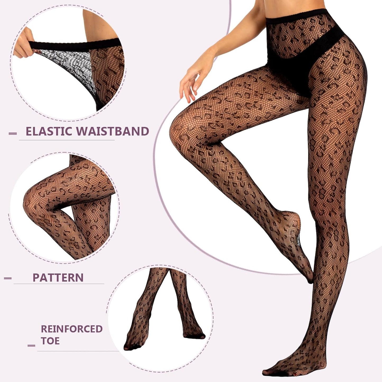 Fishnet Women and Teen Girls Lace Black Leopard Patterned High Waist Pantyhose, One Size: suitable for most people with a height of 5.4-5.8 feet and a weight of 99-176 pounds. Color: Black