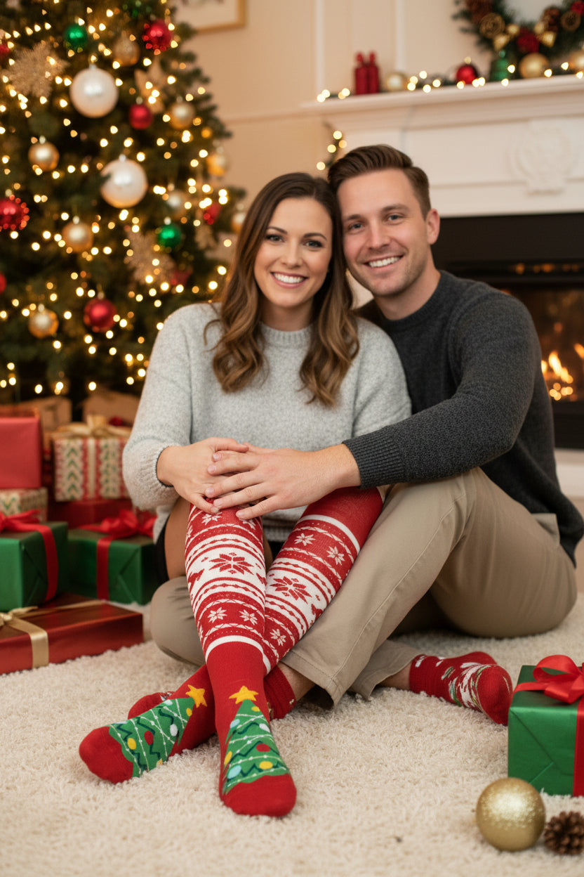 Christmas Holiday Socks – Festive Novelty Stockings with Fun Xmas Patterns Knee Length Socks for young and old men and women.