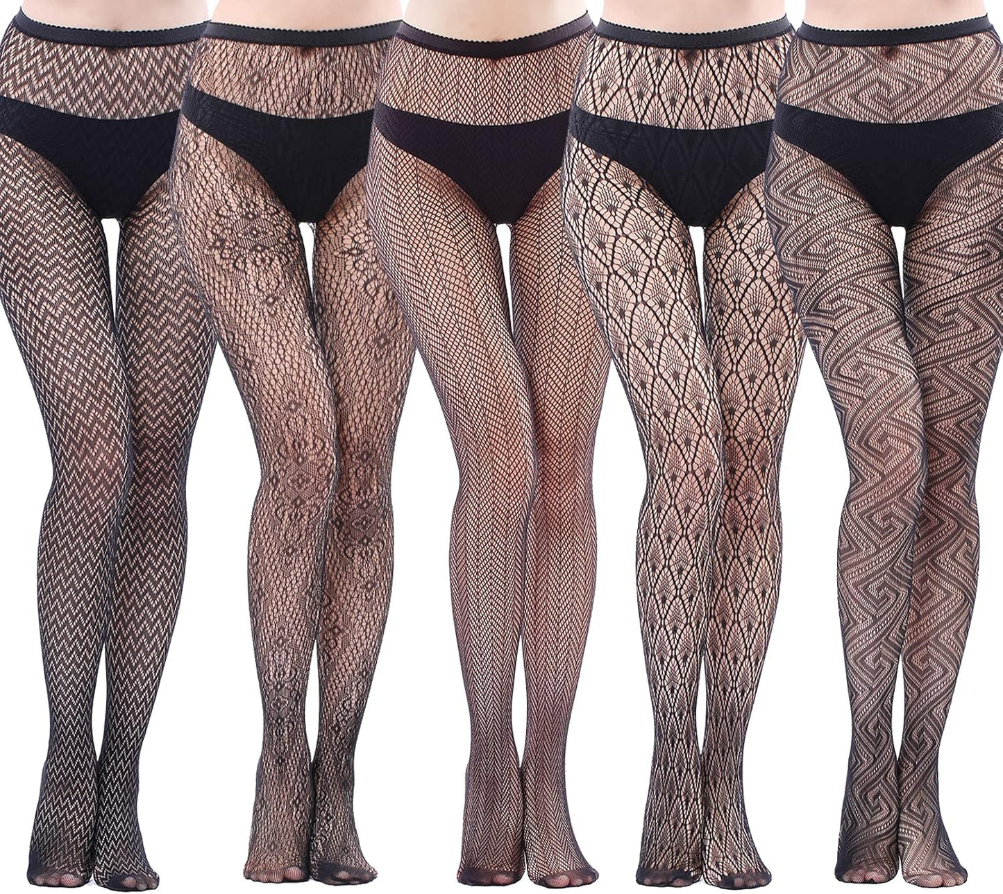 Women and Teen Girls Fishnet Lace Mesh Patterned Stockings. Color: Black, (5 Pairs), Size: One Size