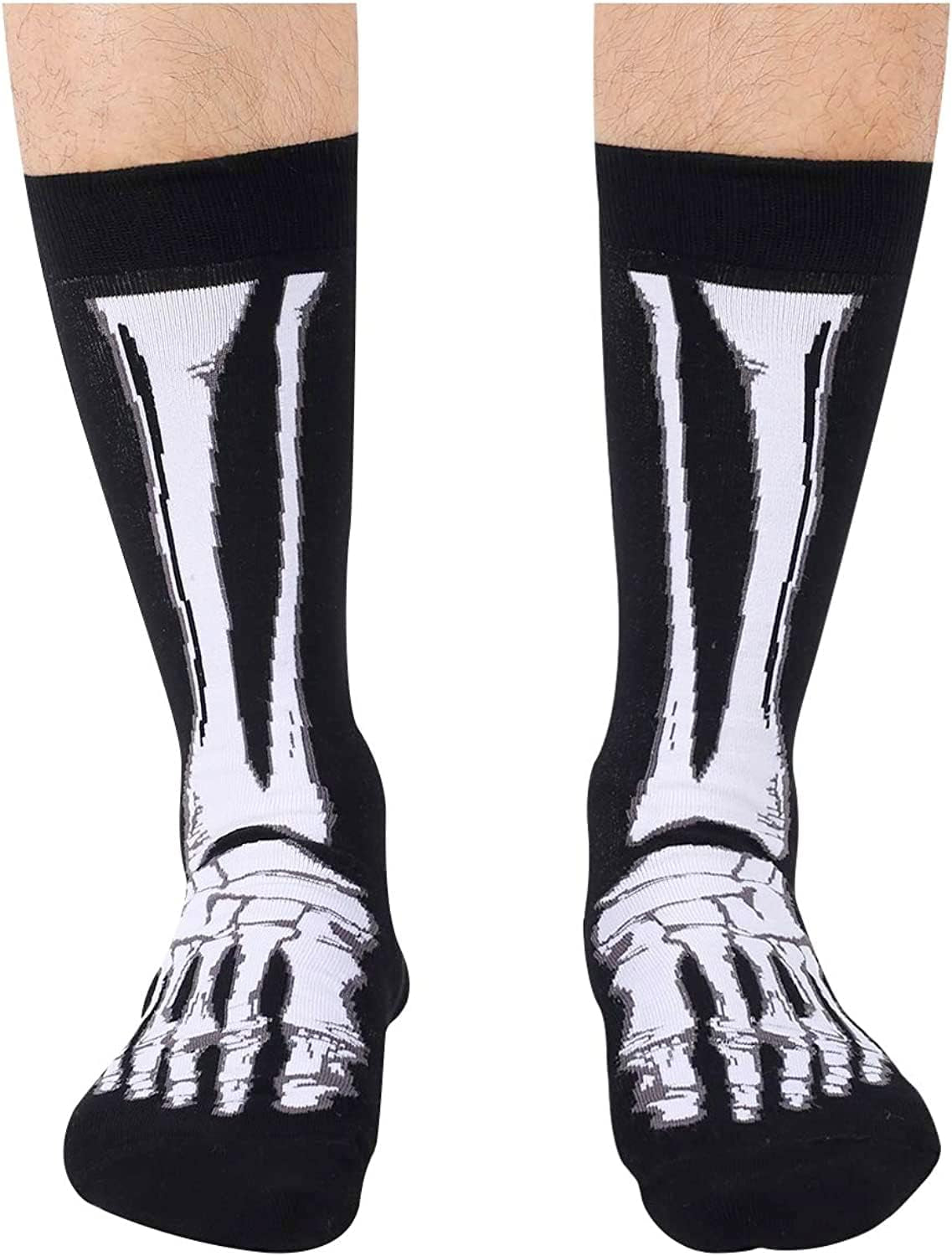 Black and white skeleton socks for boys and men, with a size range that covers shoe sizes 7–13 and sock sizes 8–14.