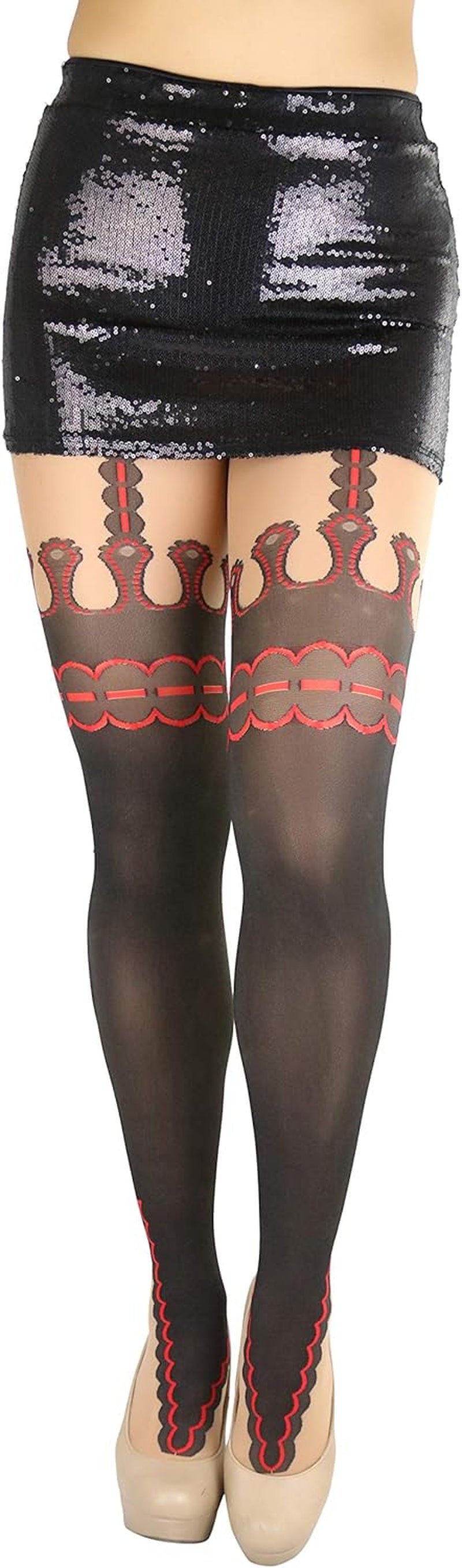 Women and Teenage Girls Garter Sheers Pantyhose with Festival Print Suspender. Color: Red/Black; Size: One Size (90-160 pounds).