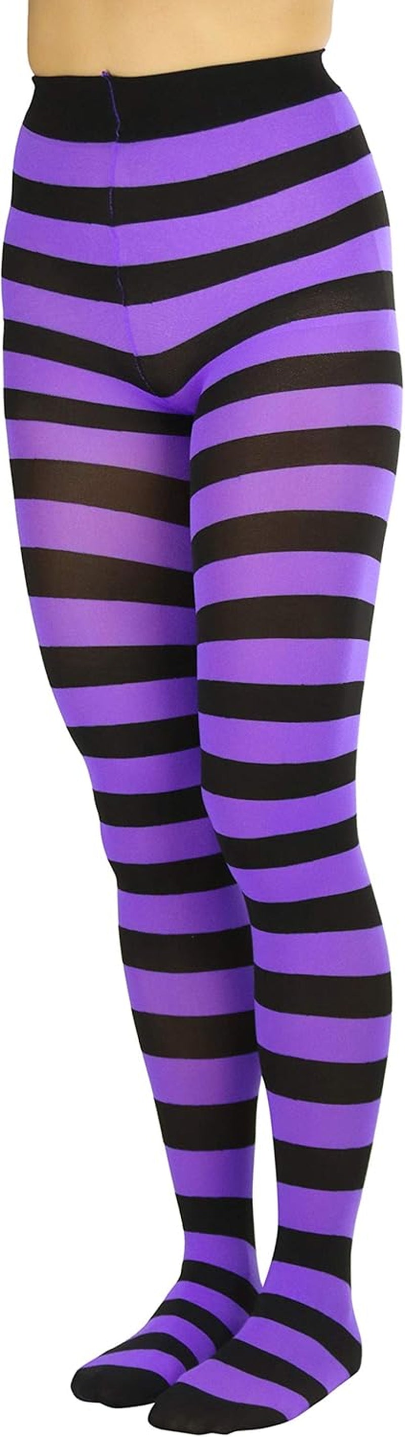 A pair of opaque stockings in purple and black with wide horizontal contrast stripes, perfect for women and teenagers. Size: one size (regular up to 165lbs). 