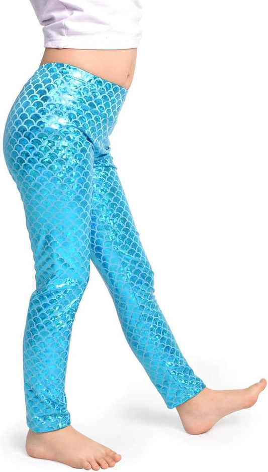 Girls' Mermaid Leggings Glamorous metallic accent that adds the ideal touch to your child's wardrobe.  Size Small, 5 to 6Y (Waist-8), and light blue/mermaid colors.    