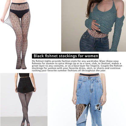 Women and Teen Girls Fishnet Lace Mesh Patterned Stockings. Color:  Black, (5 Pairs), Size: One Size