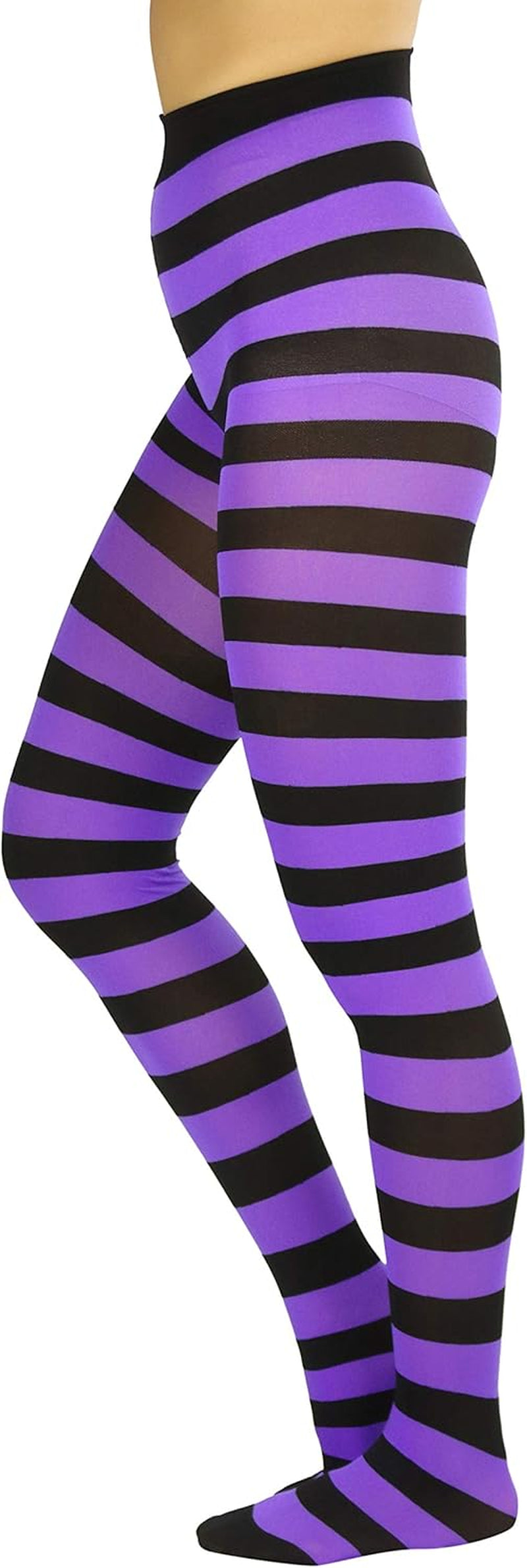 A pair of opaque stockings in purple and black with wide horizontal contrast stripes, perfect for women and teenagers. Size: one size (regular up to 165lbs). 