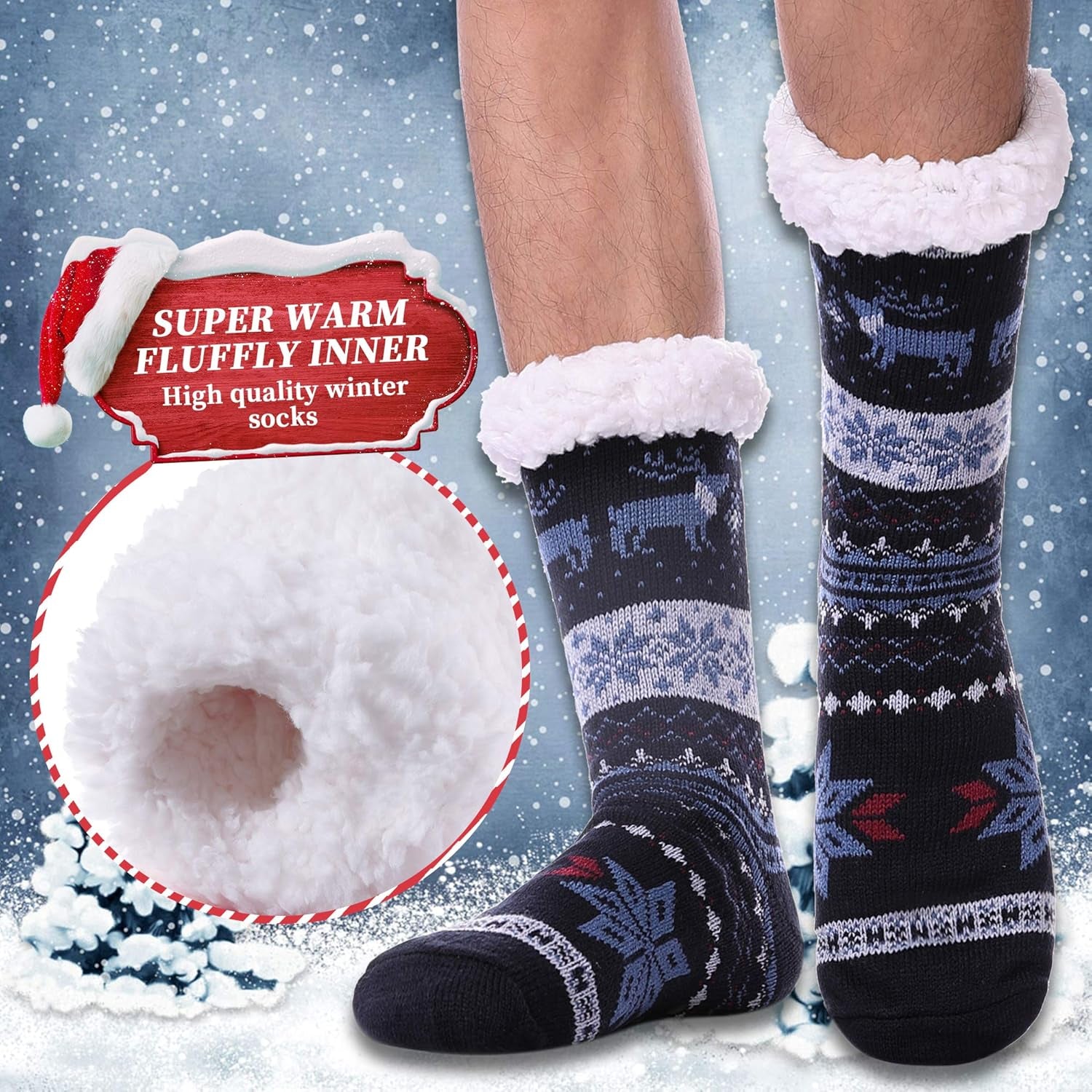 Unisex fuzzy slipper socks, lined with thick thermal fleece and non-slip traction, available in regular US men's shoe sizes 6–11,Color: Dark Blue