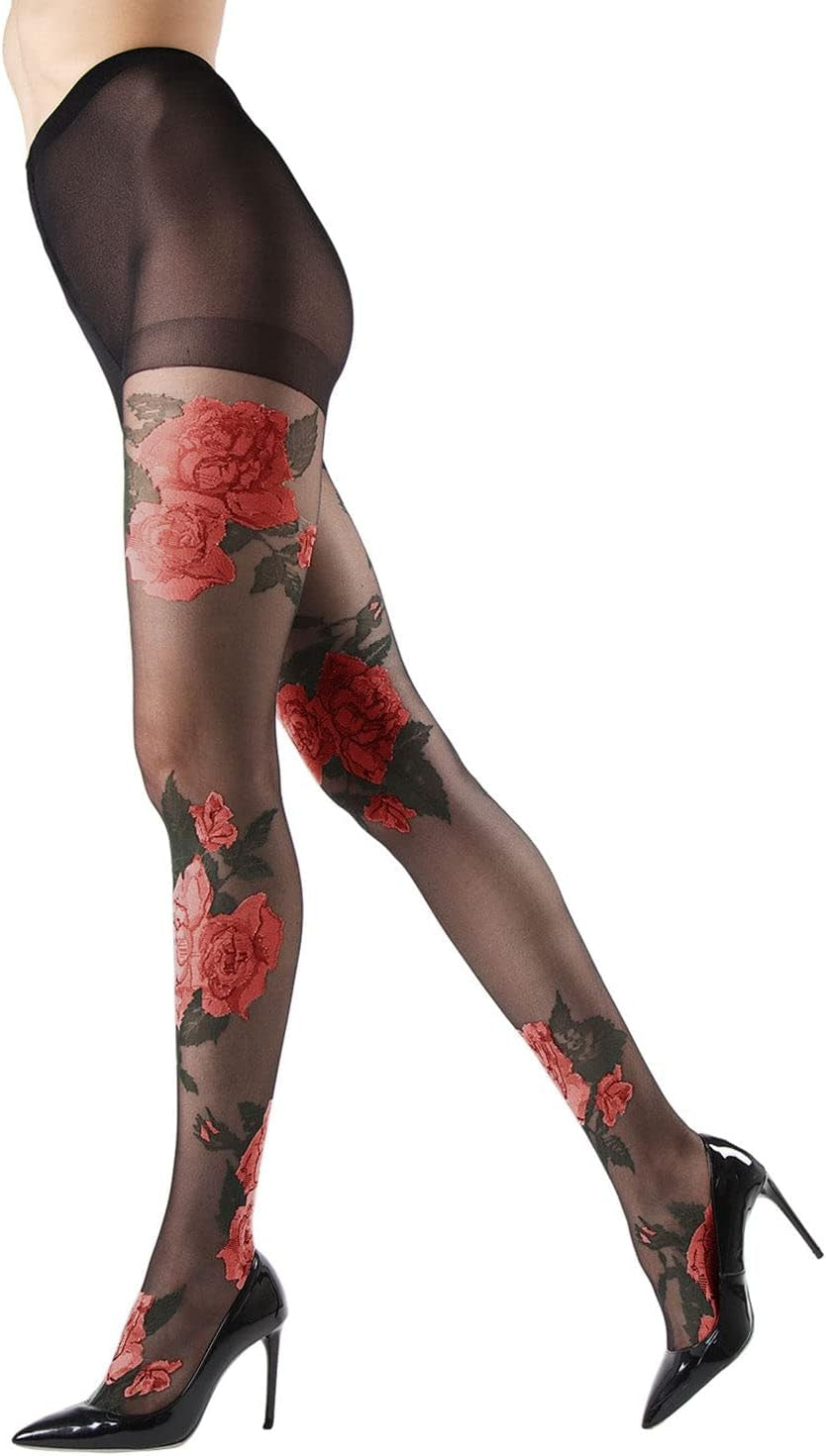 Sheer  Pantyhose Garden Rose Floral  for Women and Teen Girls, Size Small-Medium (fits height 4'10"-5'6"; weight 95-135lbs. Color: Black/Red Rose.