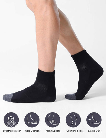 Men's Athletic Running Ankle Socks with Cushion, 6 pack, available in Small, Medium, and Large sizes. Colors: White, Light Gray, Dark Gray, and Black.