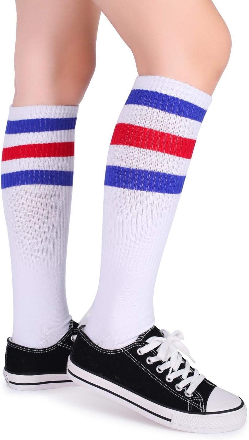 Traditional Three-Stripes Over-the-Calf Tube Socks in Soft Cotton for Men and Teens. Pair with red, white, and blue stripes; Fit Men's Shoe Size 6-12 (Socks Size:7-13);Women's Shoe Size 5-13(Socks Size:6-15).