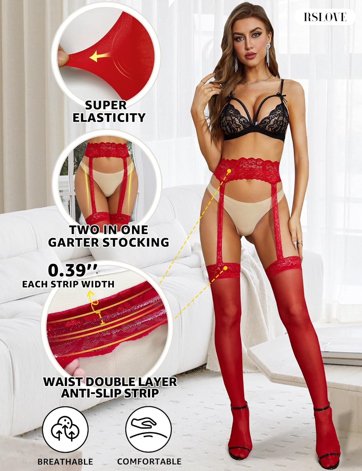 Pantyhose with a Garter for Women and Teen Girls: High-Waist, Silicone, Sheer, Lace, Suspender. The color is red, and it comes in one size that suits most (2F 7inches-2F 11inches). no bleach, cold water, drip drying, and no ironing.