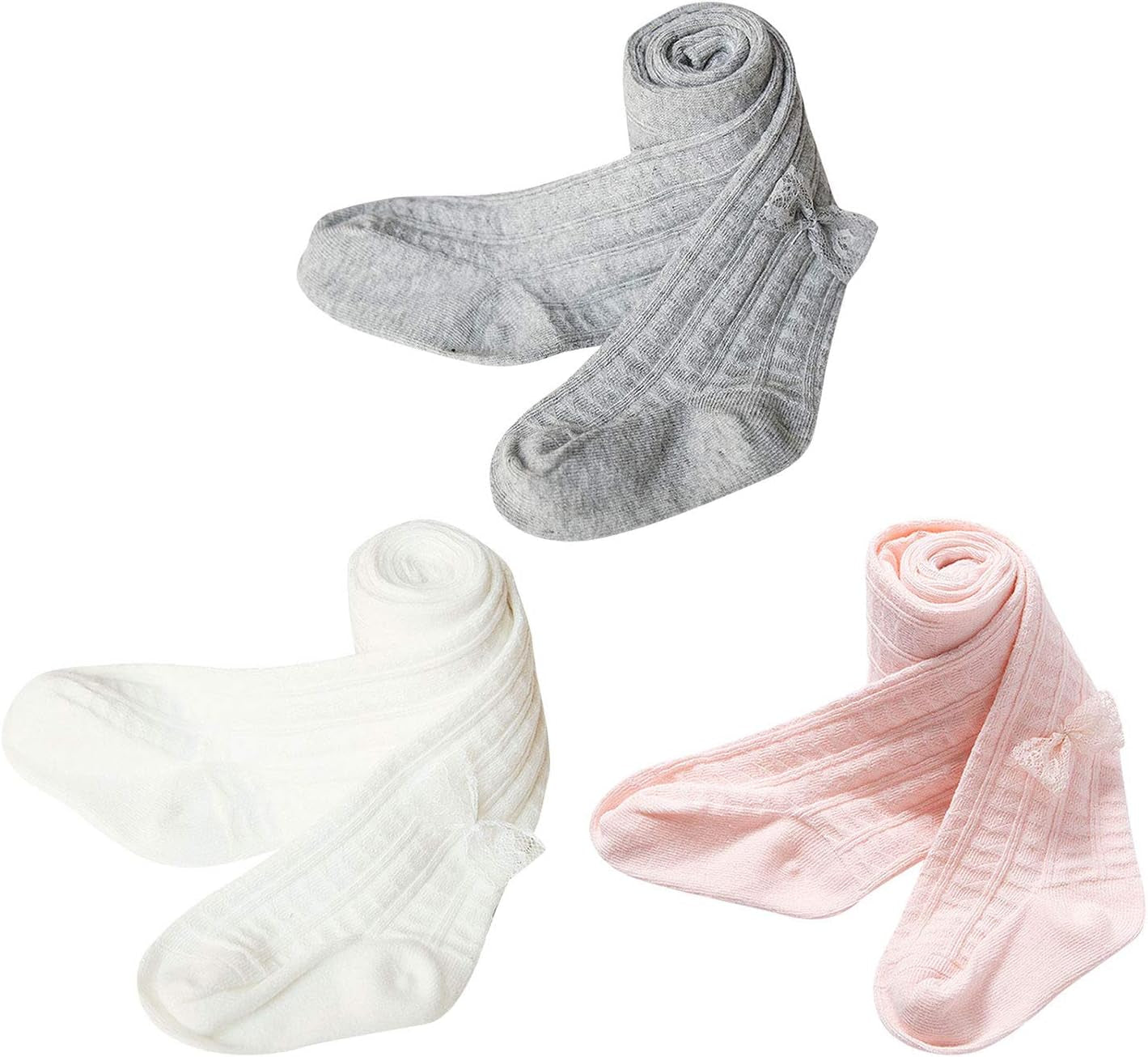 Wear these adorable girls' infant soft seamless warm tights with all of her beautiful outfits. Size: 6-12 months, Color:  F White, Light Grey, Pink With Bow.