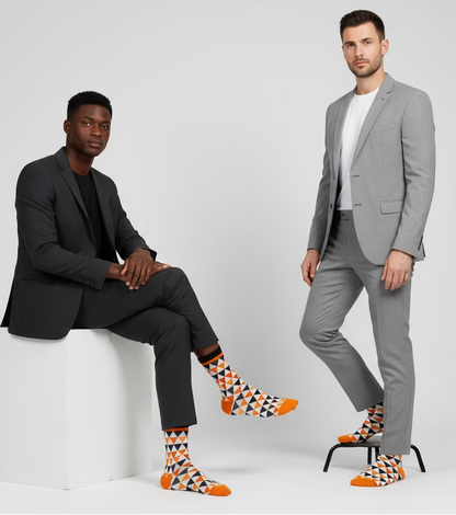 Bold Grid Mid-Calf Dress Socks, vibrant color-block design in red, yellow, green, and blue with sharp black lines for a clean, modern edge. – Men’s Size 8–12