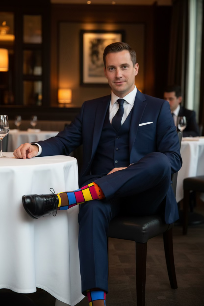 Bold Grid Mid-Calf Dress Socks, vibrant color-block design in red, yellow, green, and blue with sharp black lines for a clean, modern edge. – Men’s Size 8–12