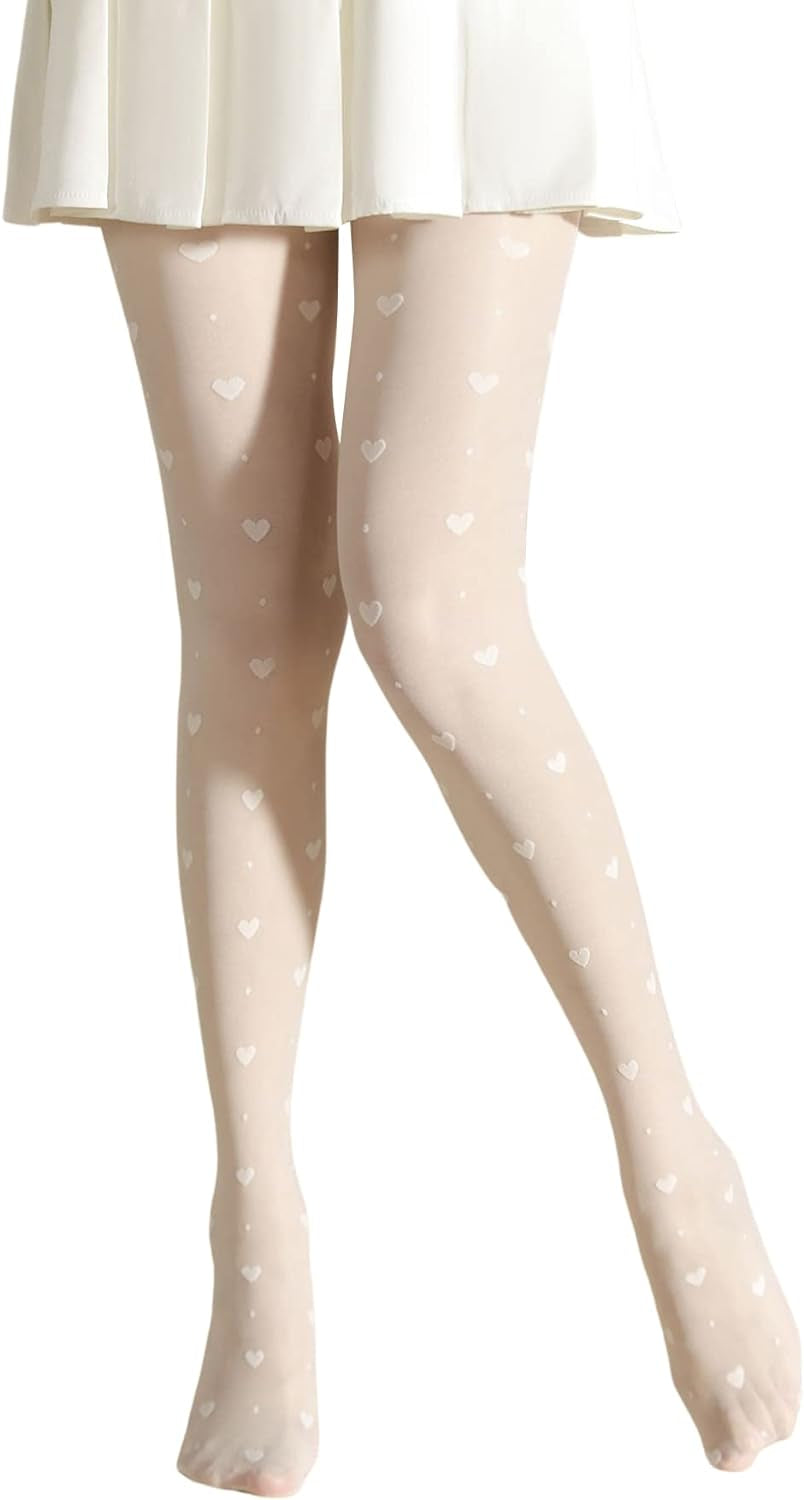 Women Teen Girls Heart Printed Semi Sheer High Waist Pantyhose. Color: White,  One Size waist 26-28.7; length 42.1-110.2.