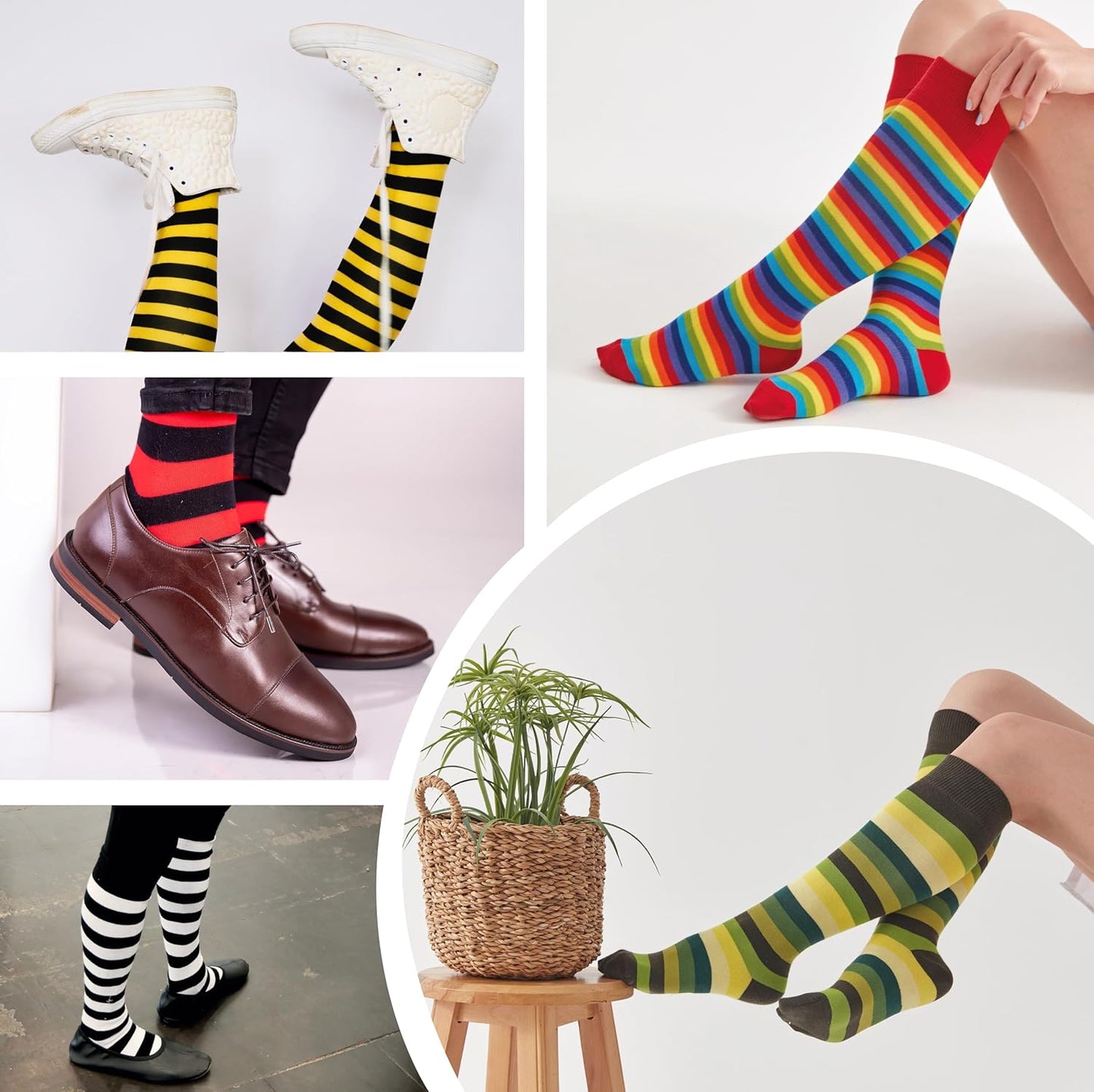 A perfect complement to your collection are these Unisex Knee High Stripe Socks. Size: 8–11; Color: Multi-Green stripes.