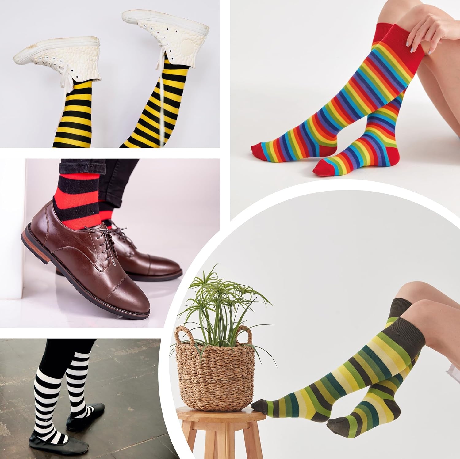 A perfect complement to your collection are these Unisex Knee High Stripe Socks. Size: 8–11; Color: White/Black stripes.