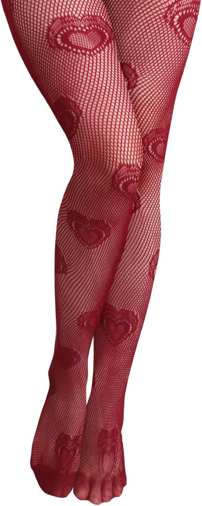 Women and Teen Girls Heart Patterned Fishnets High Waist Mesh Pantyhose. One Size (suitable for Height: 5'-5'10" and Weight: 100-160 lbs), Color: Wine.