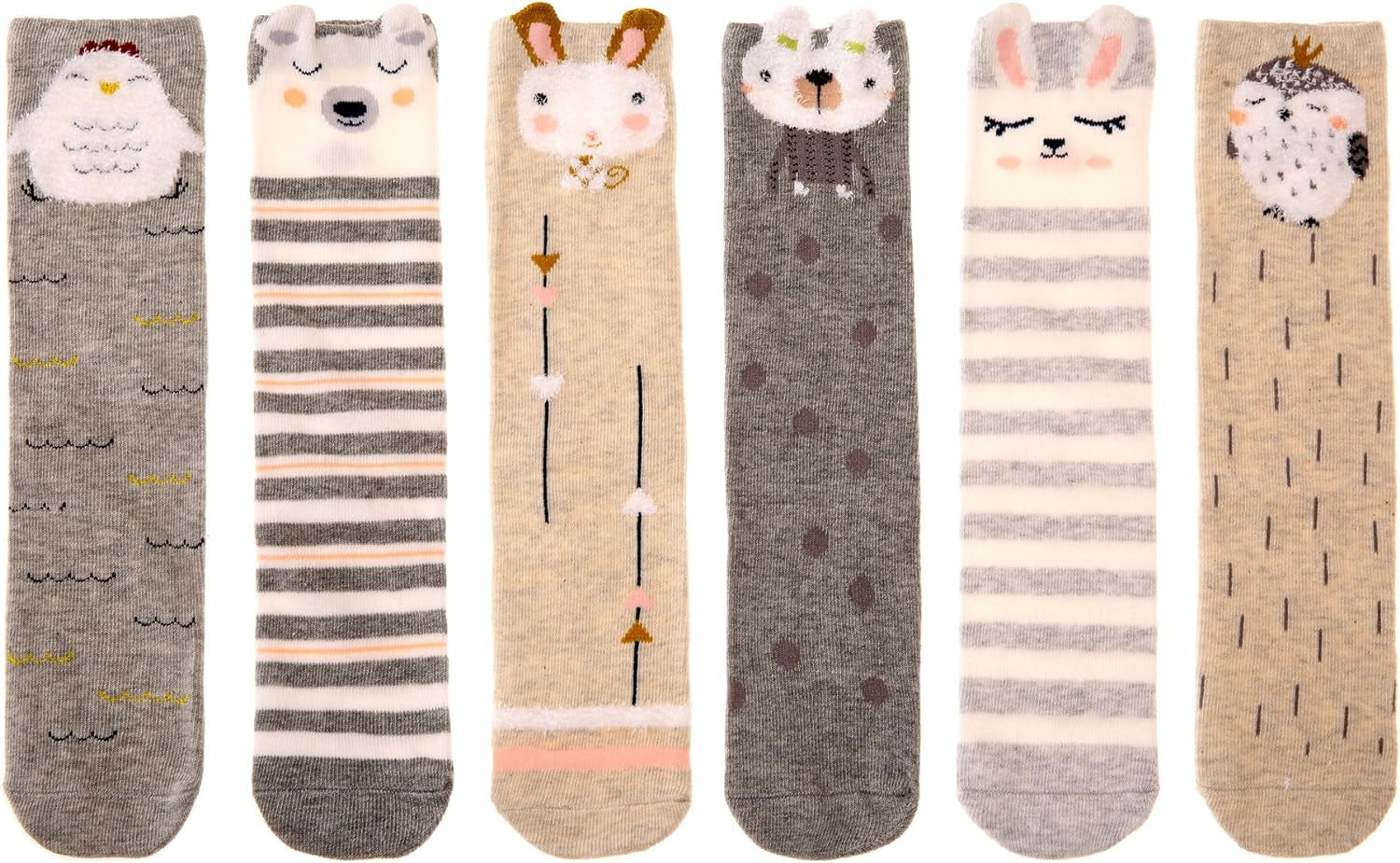 Cartoon animal print knee high socks made of soft cotton, perfect for girls and toddlers. Age range: 1–7 years.