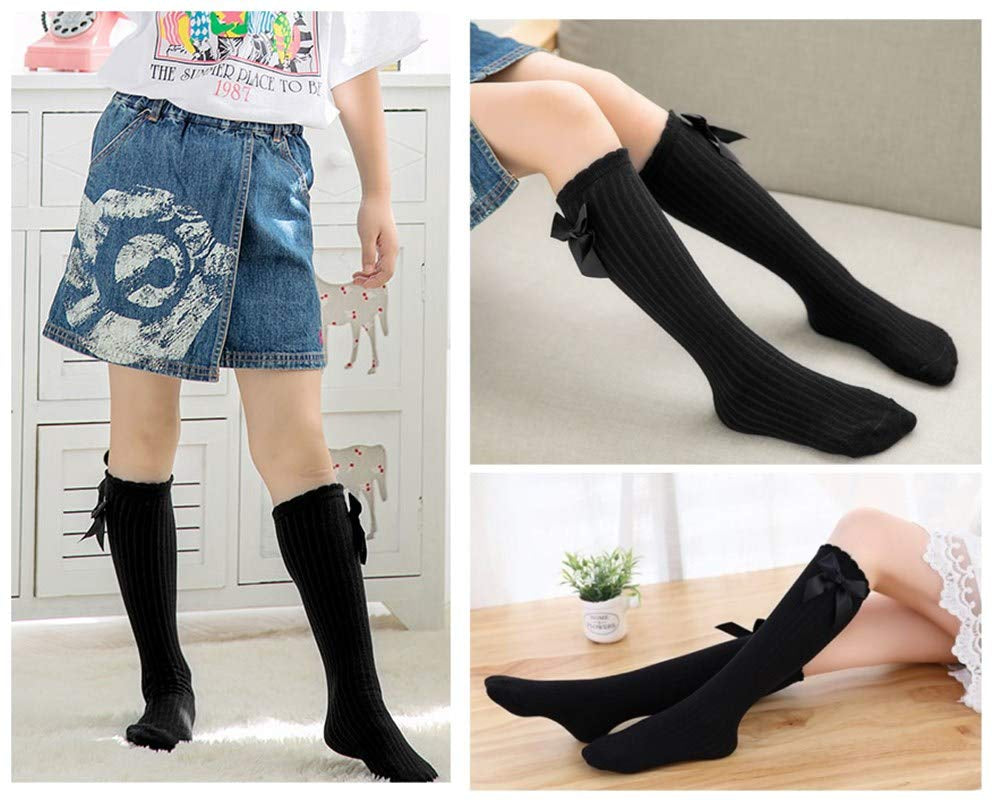 Five pairs of knee-high socks with a bow design for girls, sizes 3–12 toddlers, available in a variety of colors.