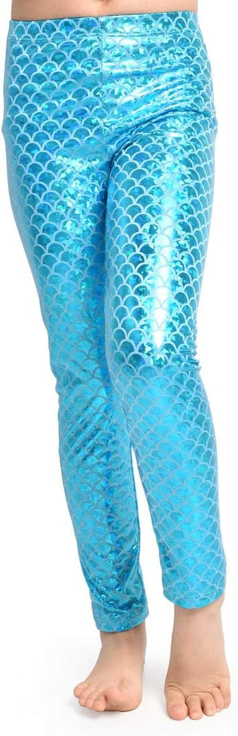 Girls' Mermaid Leggings Glamorous metallic accent that adds the ideal touch to your child's wardrobe.  Size Small, 5 to 6Y (Waist-8), and light blue/mermaid colors.    