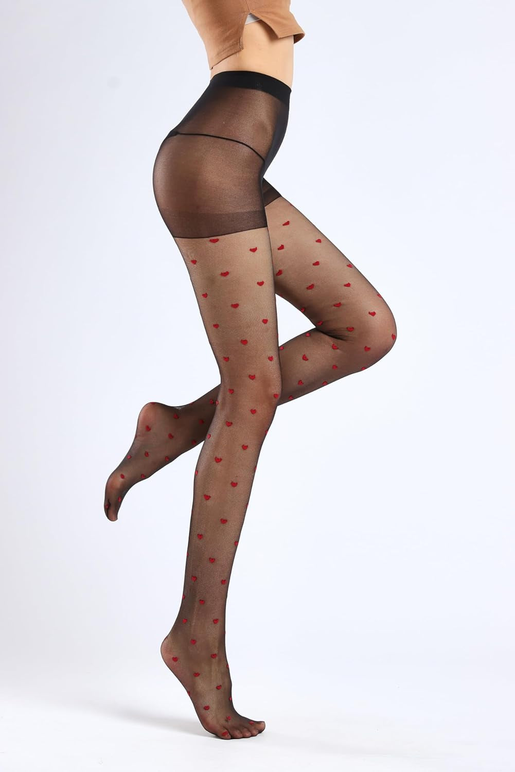 Sheer Pantyhose Control Top for Women and Teen Girls with a  High Waist. Color black with red hearts; one size fits  88-190lbs.