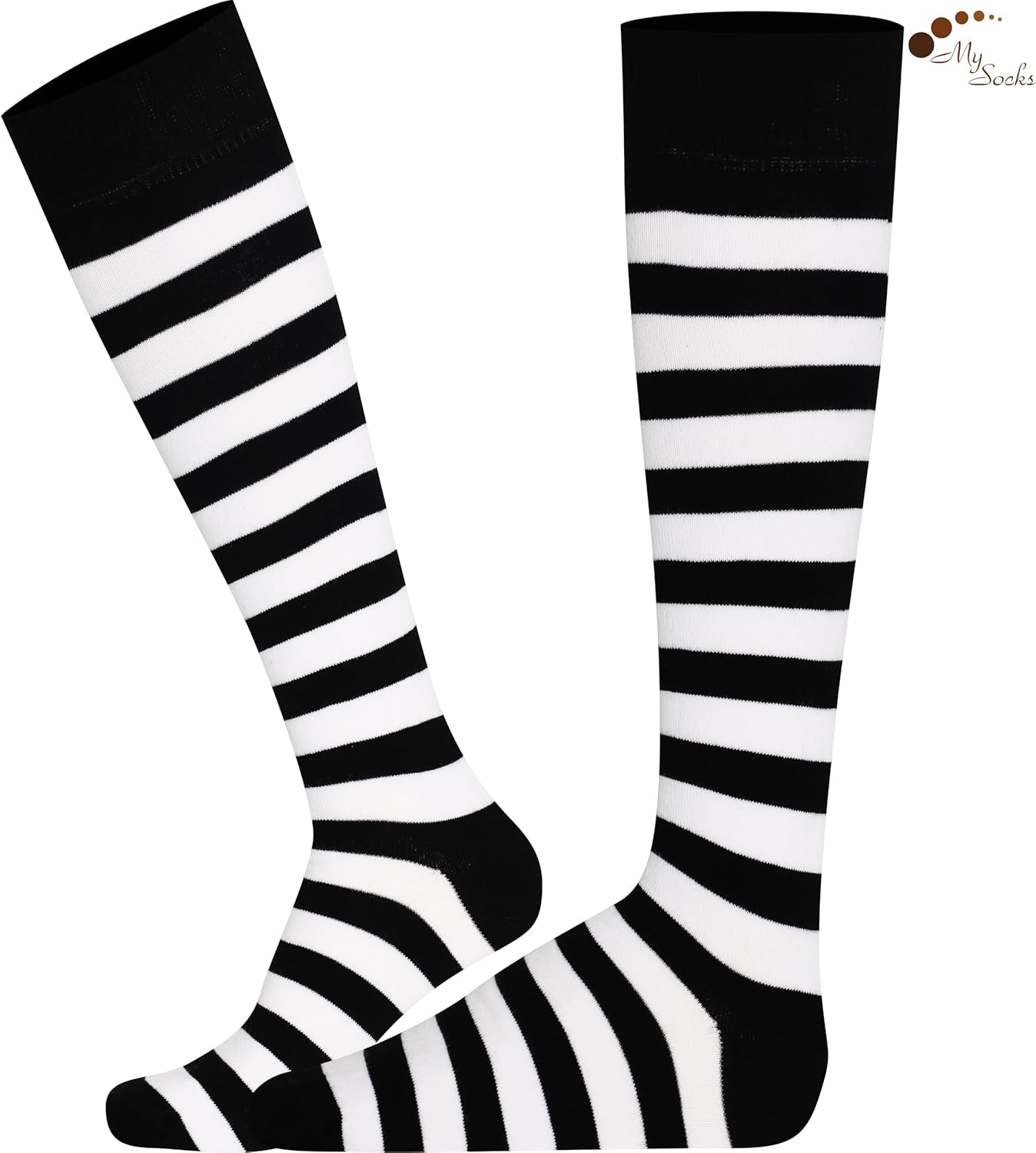 A perfect complement to your collection are these Unisex Knee High Stripe Socks. Size: 8–11; Color: White/Black stripes.