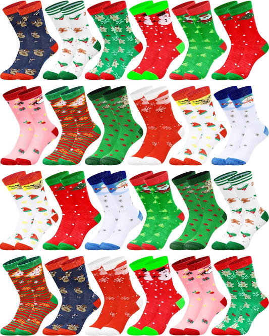 24 Pairs Kids Christmas Socks Colorful Creative Holiday Crew Socks Children Cute Socks Christmas Gift for Boy Girl