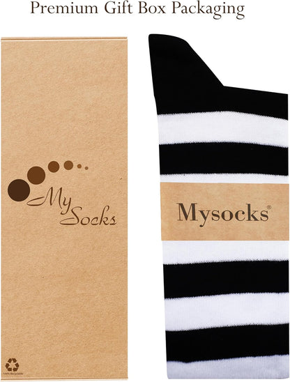 A perfect complement to your collection are these Unisex Knee High Stripe Socks. Size: 8–11; Color: White/Black stripes.