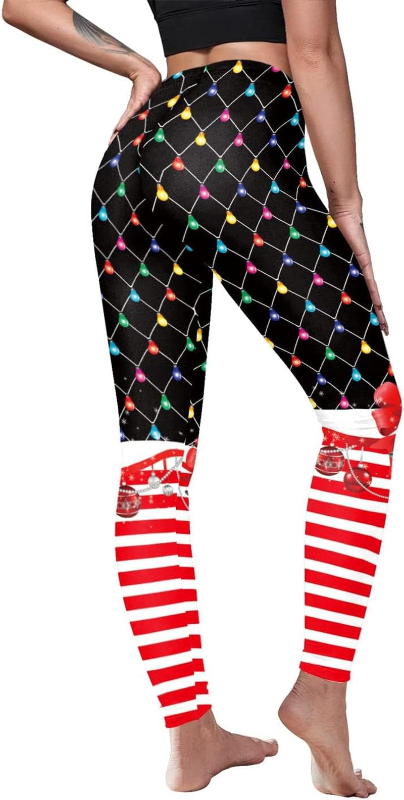 Women'S High Waist Christmas Leggings Striped Reindeer Sknowflake Printed Holiday Tights