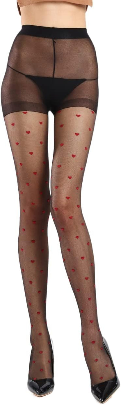 Sheer Pantyhose Control Top for Women and Teen Girls with a  High Waist. Color black with red hearts; one size fits  88-190lbs.