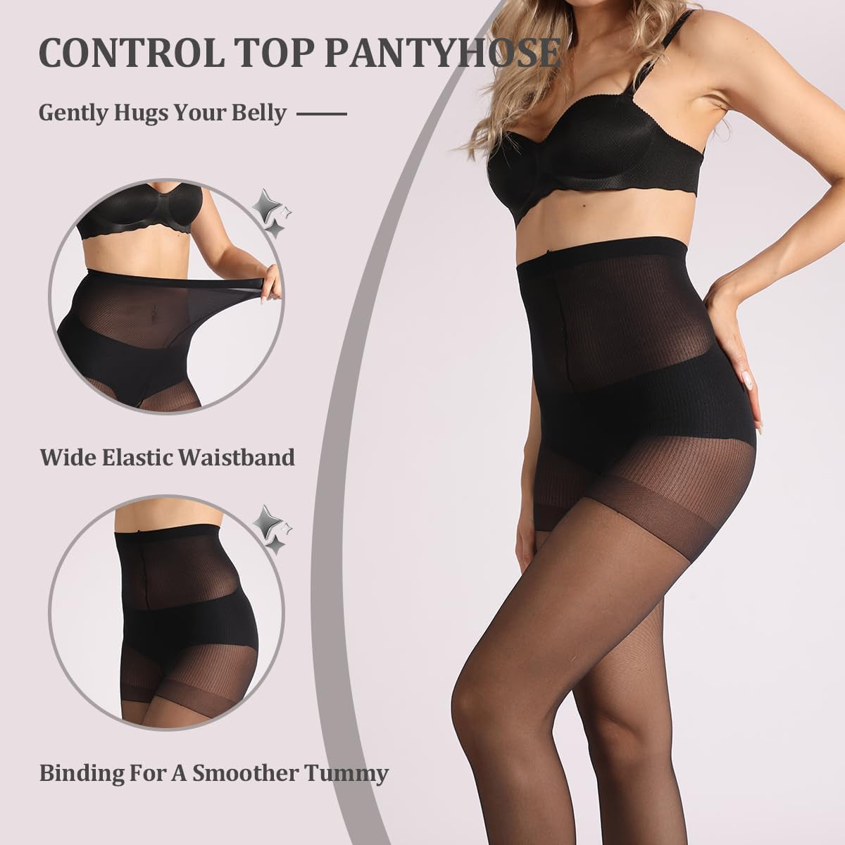 Three sets of sheer, ultra-thin control top panties for women and adolescent girls with reinforced toes. Black, Size: Medium (Height: 4'10"–5'6"; Weight: 130–160 lbs), Instructions for care: Hand wash and let air dry.