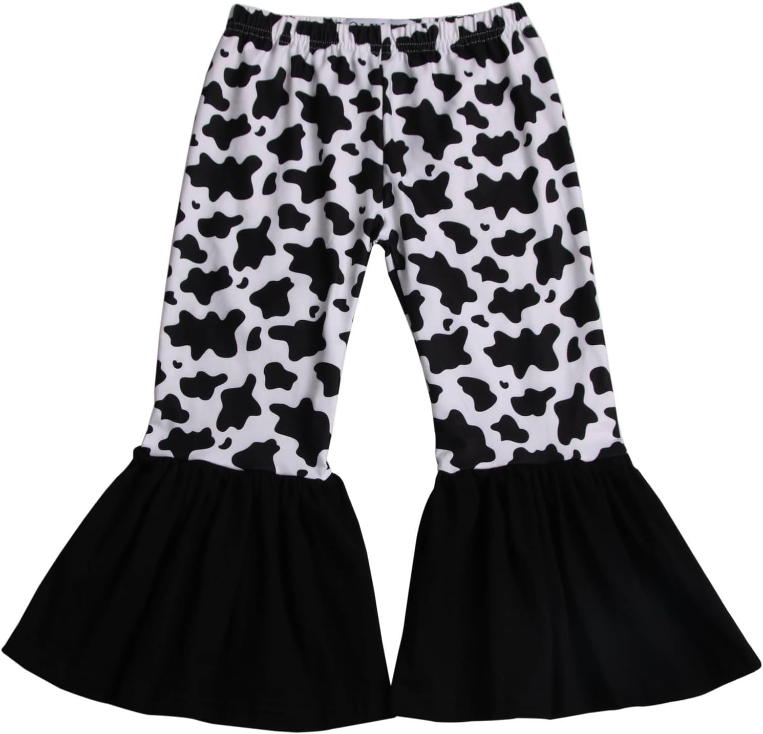 Black and white ruffle leggings with a cow animal pattern and a print for girls aged 12 to 18 months (height30.5-32"; weight 26-28lbs; waist 19.5-20.25")..