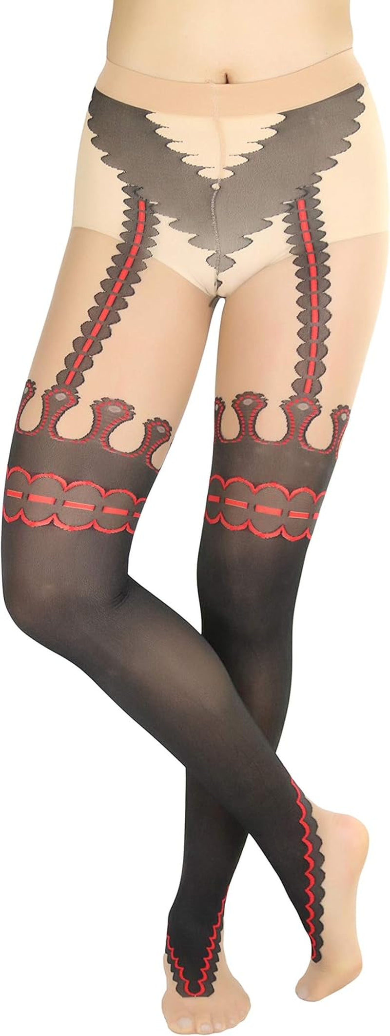 Women and Teenage Girls Garter Sheers Pantyhose with Festival Print Suspender. Color: Red/Black; Size: One Size (90-160 pounds).