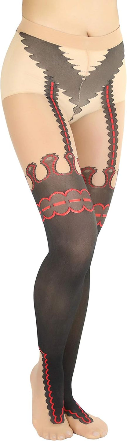 Women and Teenage Girls Garter Sheers Pantyhose with Festival Print Suspender. Color: Red/Black; Size: One Size (90-160 pounds).