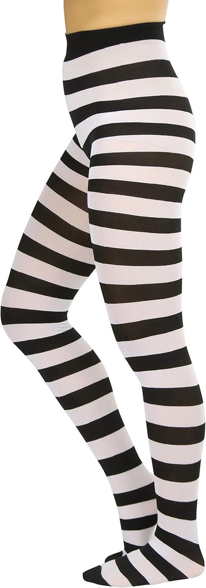 A pair of opaque stockings in black and white with wide horizontal contrast stripes, perfect for women and teenagers. Size: one size (regular up to 165lbs).