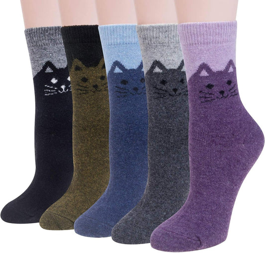 Five pairs of casual vintage knit crew socks made of wool for women and teenagers.  Size: One Size; Colors: Army Green Black – Navy Blue Grey Purple.     