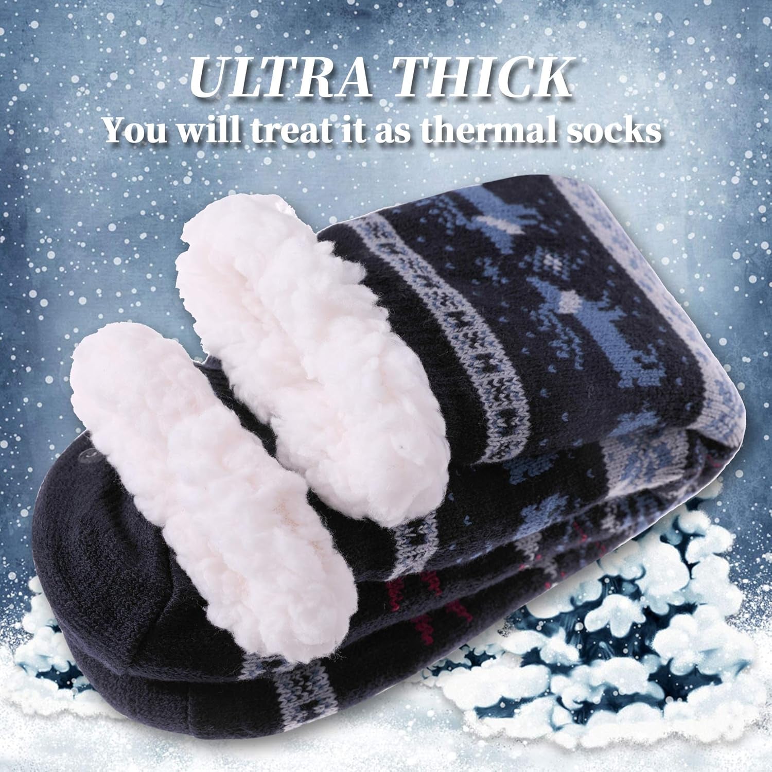 Unisex fuzzy slipper socks, lined with thick thermal fleece and non-slip traction, available in regular US men's shoe sizes 6–11,Color: Dark Blue