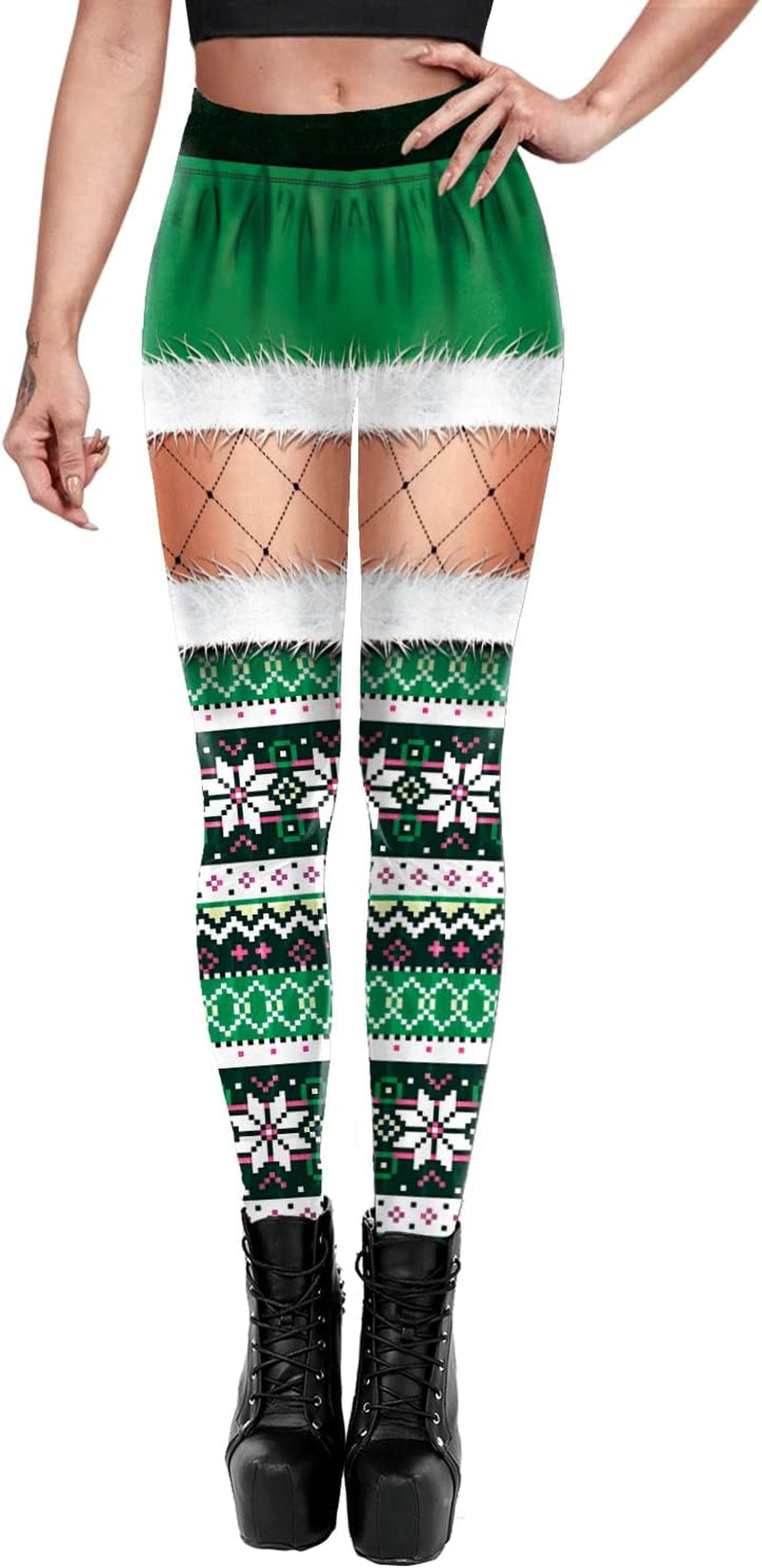 Women'S High Waist Christmas Leggings Striped Reindeer Sknowflake Printed Holiday Tights