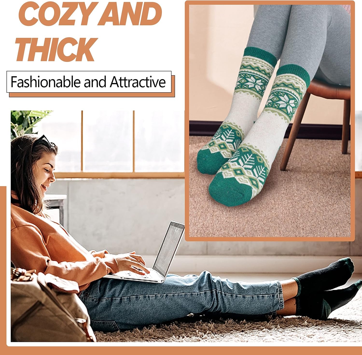 Women and Teens thermal wool socks with thick winter boot crew cozy socks. 5 Pairs,  One Size: women's US 5-10, Color: Multicolors snowflakes design.