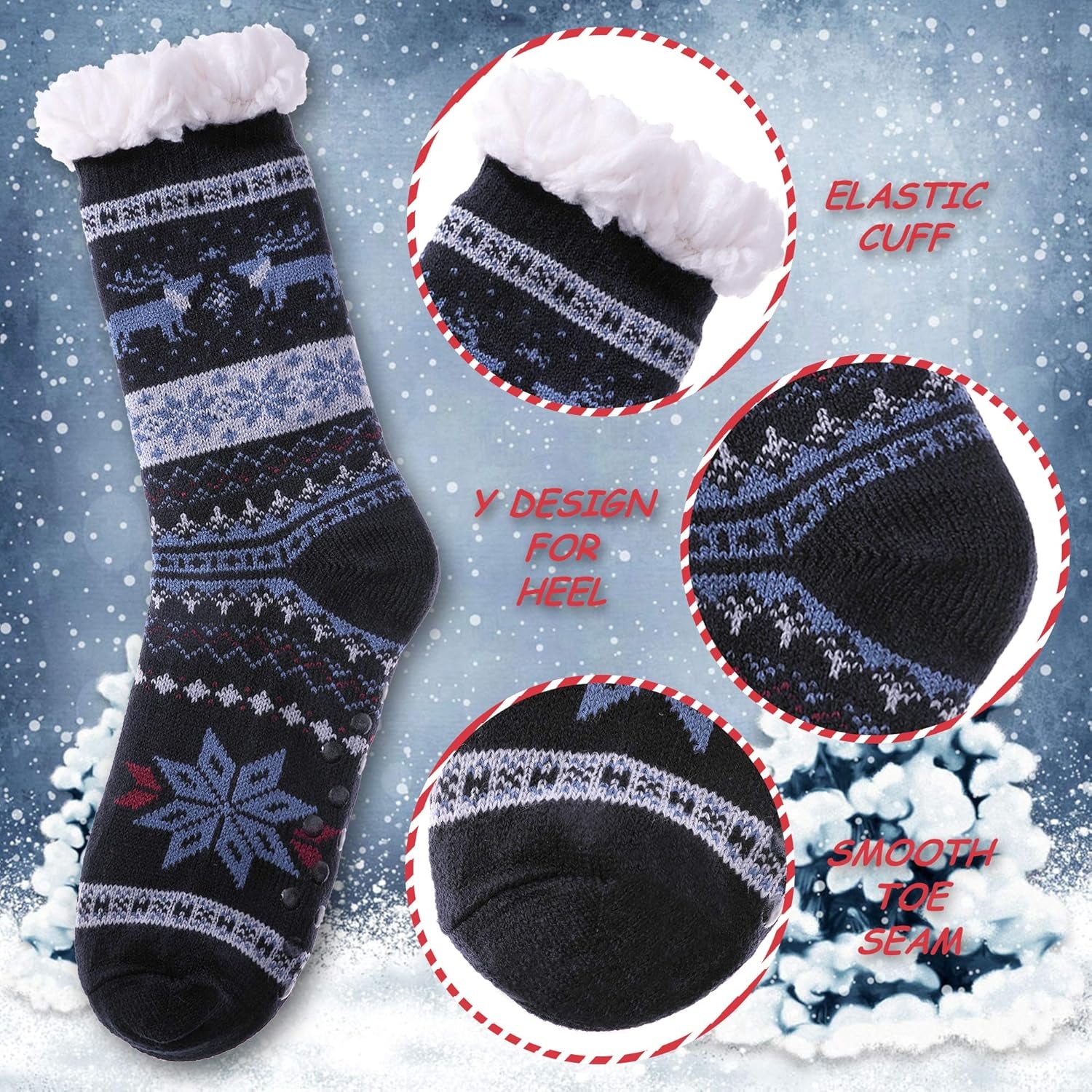 Unisex fuzzy slipper socks, lined with thick thermal fleece and non-slip traction, available in regular US men's shoe sizes 6–11,Color: Dark Blue