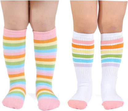 Rainbow Striped Knee High Socks for Baby Girls, Non-Slip, Sizes 3-12months, Pink Stripes Color.