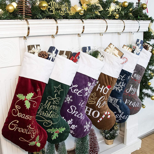 Christmas Stockings for the Family in a 6-Pack Colors: Red, Green, Purple, Blue, Grey, Brown; 22" Large Quilted Lining Embroidery Classic Luxury Velvet, Hanging Christmas Tree Ornaments for Fireplaces (Set of 6)