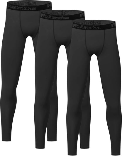  Youth Boys' Compression Leggings Tights: 3-piece Set for Indoor/Outdoor Use.  Black, size small 7-8 (age 8–9 years, waist 24–25 inches).