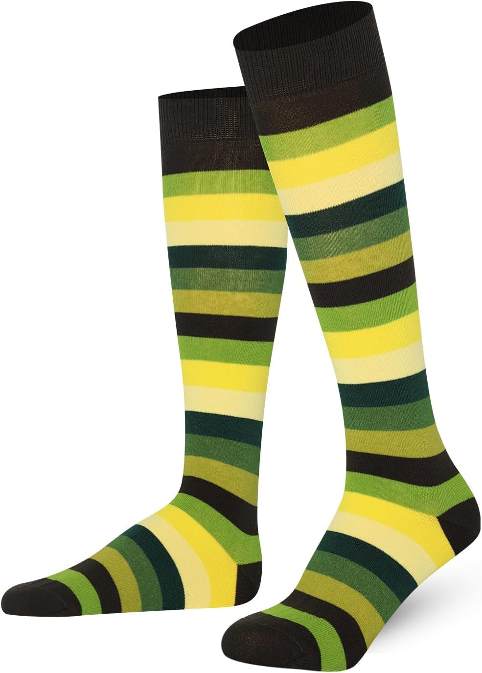 A perfect complement to your collection are these Unisex Knee High Stripe Socks. Size: 8–11; Color: Multi-Green stripes.