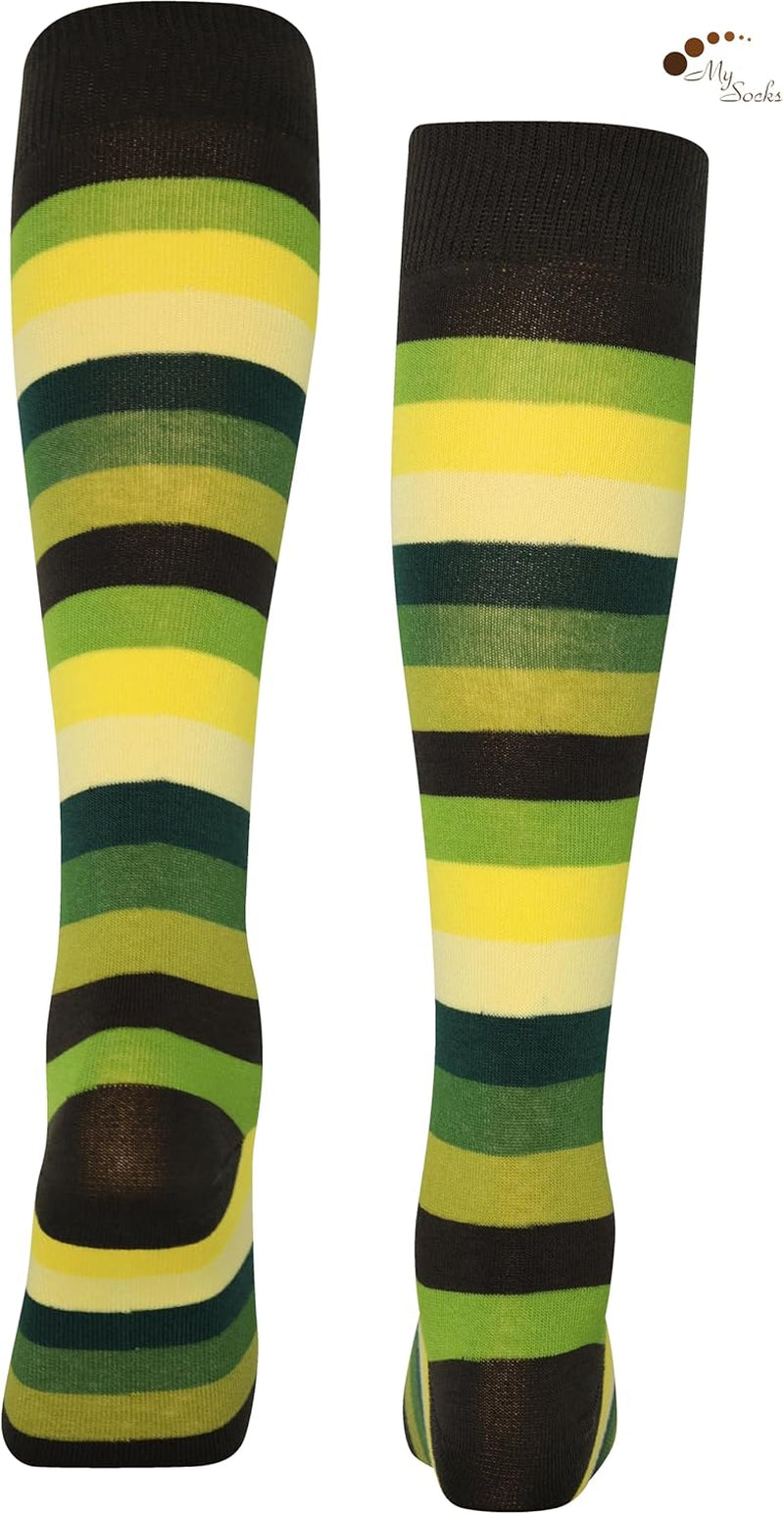 A perfect complement to your collection are these Unisex Knee High Stripe Socks. Size: 8–11; Color: Multi-Green stripes.