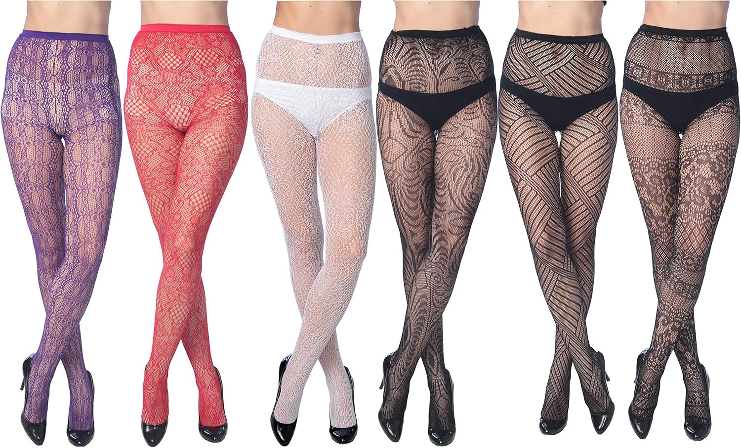 Fishnet Ladies and Teen Girls Lace Stockings, Sizes 1X–2X, Fits 5'2"–6'2" People and 150–225 lbs.; Pack of 6  Mixed color.